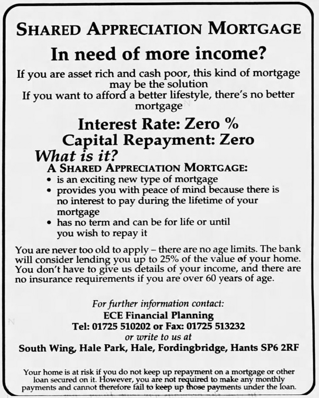 ECE Financial Planning Bank of Scotland Shared Appreciation Mortgage advertisement