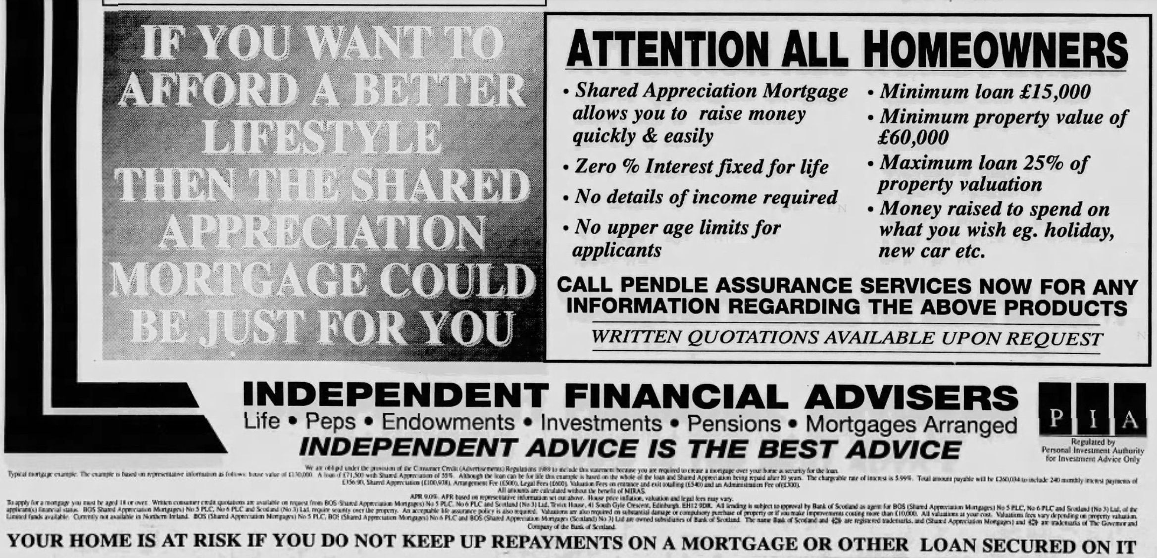 Pendle Assurance Services Bank of Scotland Shared Appreciation Mortgage advertisement