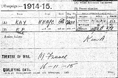 Rifleman Frank Parry Kay (1893-1918): Medal Card