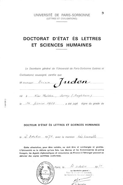 Certificate: Doctorat d'État ès Lettres et Sciences Humaines